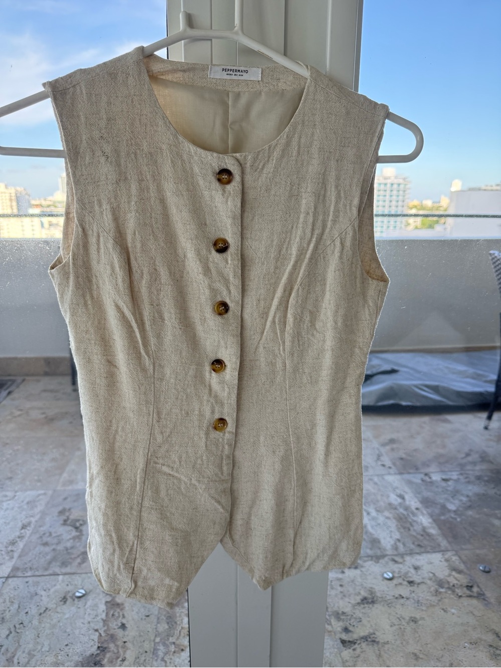 Cream Button-Front Linen vest